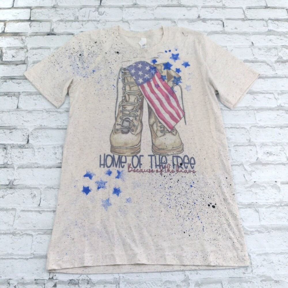 Canvas T Shirt Womens Small Beige Home of the Brave Sublimation Distressed Crew